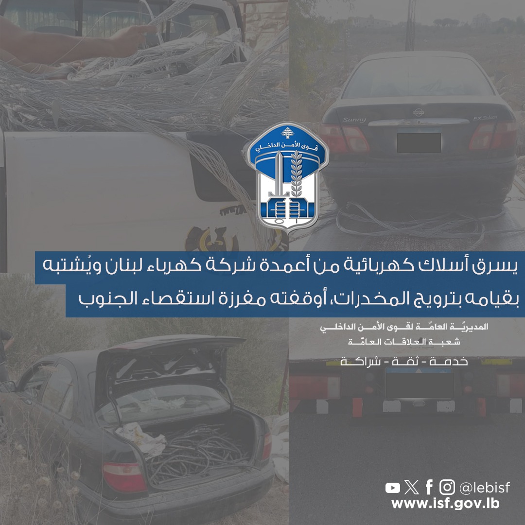 جنوبا: بجرمي المخدرات وسرقة أسلاك كهربائية... الأمن يوقف شابا