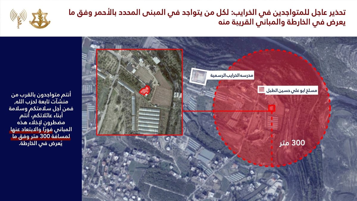 إنذار عاجل إلى سكان جنوب لبنان وتحديدا في القريتين التاليتين: الخرايب وانصار