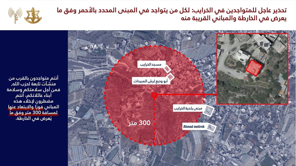 إنذار عاجل إلى سكان جنوب لبنان وتحديدا في القريتين التاليتين: الخرايب وانصار