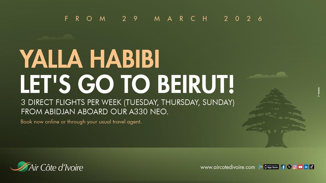 بشرى سارة: 3 رحلات اسبوعية مباشرة من أبيدجان الى بيروت على متن طائرة A330 NEO الحديثة